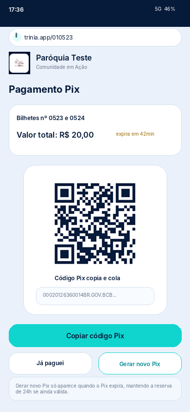 Tela de pagamento Pix da campanha solidária no Trinia